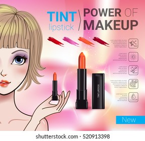 Tint lipstick ads. Vector Illustration with Manga style girl and makeup lipstick product.