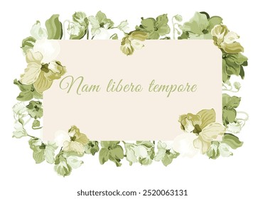 Tinted flowers are put around a rectangular shape on a white background. Frame made from the parts of African violets in bloom with the paper sheet in the center. Floral frame for any design ideas.
