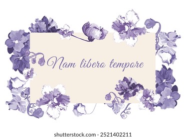 Tinted flowers are put around a rectangular shape on a white background. Frame made from the parts of African violets in bloom with the paper sheet in the center. Floral frame for any design ideas.