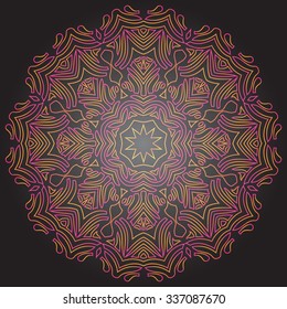 Tinted mandala on dark gray background. Traditional ornament design. Multicolor geometric circle element. Vector illustration