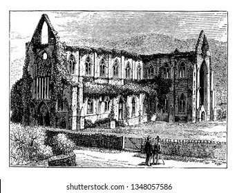 Tintern Abbey of Cisternian was only the second Cistercian foundation in Britain, vintage line drawing or engraving illustration.