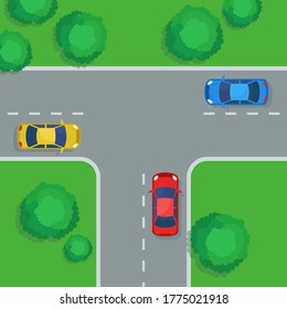 T-intersection,  T-junction. Crossroads in city, top view. Cars on the t shaped intersection. Vector illustration, flat design, cartoon style.