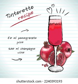 Tintoretto cocktail, vector sketch hand drawn illustration, fresh summer alcoholic drink with recipe and fruits	
