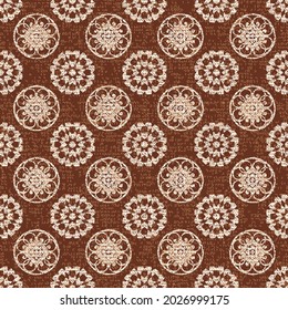 Tints of Romance Seamless half white pattern, Seamless vintage mandala pattern for textile, wallpapers, gift wrap and scrapbook. Vector illustration on brown background.
