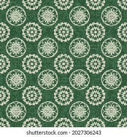 Tints of Romance Seamless half white pattern, Seamless vintage mandala pattern for textile, wallpapers, gift wrap and scrapbook. Vector illustration on green background.