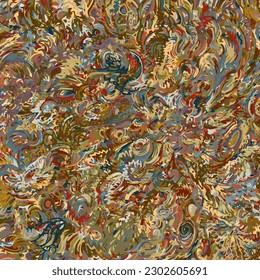 Tiny abstract, amoebae like, random colored closely intertwined bits creating colorful, modern pattern