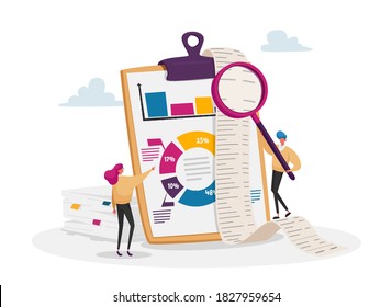 Tiny Accountant Characters Make Accountant Report Check Money Balance at Huge Clip Board Calculate Bookkeeping Data, Graphs and Charts Counting Debit and Credit. Cartoon People Vector Illustration