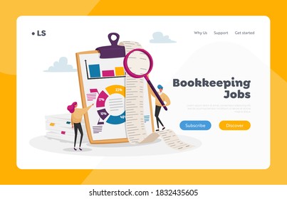 Tiny Accountant Characters Make Accountant Report Landing Page Template. People Check Money Balance Calculate Bookkeeping Data, Graphs and Charts Counting Debit and Credit. Cartoon Vector Illustration