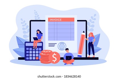 Tiny accountants working on computer invoice isolated flat vector illustration. Cartoon characters preparing reports about VAT, payroll and paid money. Online payment and accounting concept