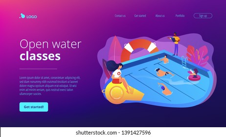 Tiny adult people swimming in the pool, coach and lifeguard. Swimming and lifesaving classes, swimming for adults, open water classes concept. Website homepage landing web page template.