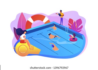 Tiny adult people swimming in the pool, coach and lifeguard. Swimming and lifesaving classes, swimming for adults, open water classes concept. Bright vibrant violet vector isolated illustration