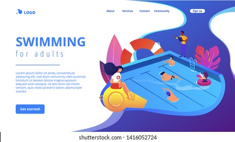 Tiny adult people swimming in the pool, coach and lifeguard. Swimming and lifesaving classes, swimming for adults, open water classes concept. Website homepage landing web page template.