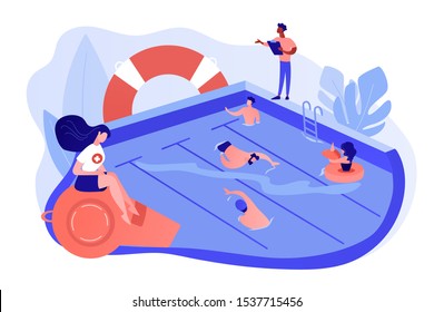 Pequeños adultos nadando en la piscina, entrenadores y socorristas. Clases de natación y salvavidas, natación para adultos, concepto de clases de agua abierta. Ilustración aislada de coral azul pincado