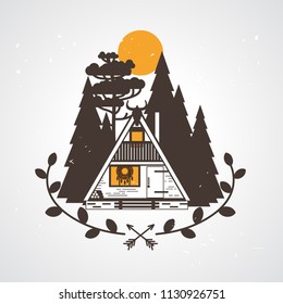 Tiny A-frame house for a modern witch. Vector illustration