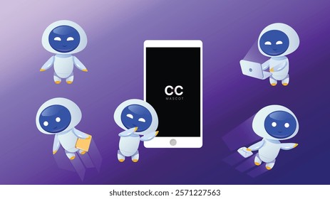 Tiny AI robot mascot character to establish a distinctive brand identity. Perfect for logos, commercials, packaging, animation, software and branding, it ensures memorability and strong visual appeal.