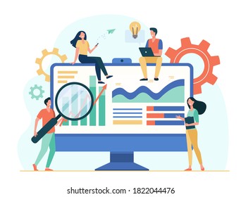 Tiny analysts working with data on dashboard isolated flat vector illustration. Cartoon office workers studying research strategy. Data analysis and marketing concept