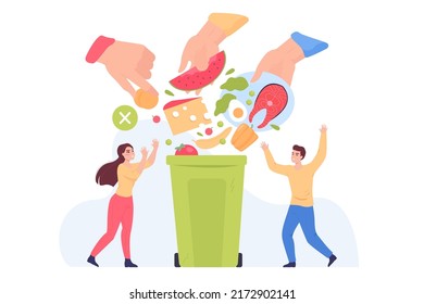 Tiny Angry People And Giant Hands Throwing Food In Bin. Leftovers On Plate, Save Planet Flat Vector Illustration. Food Waste, Ecology, Environment Concept For Banner, Website Design Or Landing Page