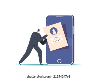 Pequeño hacker anónimo que ataca a gigantescos Smartphone inserta contraseña robada e información de nombre de usuario, robo de datos personales privados, credenciales, documentos. Ilustración de vectores de personas de caricatura