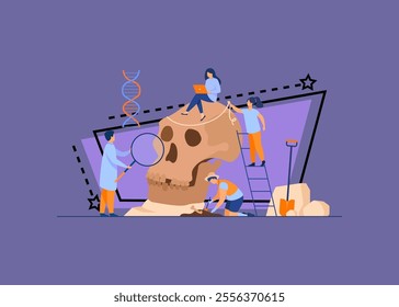 Tiny anthropologists studying Neanderthal skull flat vector illustration. Cartoon people doing DNA and Paleolithic research. Anthropology and prehistoric museum concept