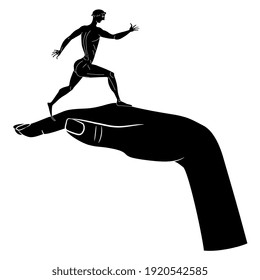 Pequeña atleta de antigüedades corriendo con una mano femenina elegante y enorme. Gracioso concepto creativo. Relaciones entre el hombre y la mujer. Silueta blanca y negra.
