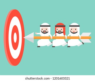 Tiny Arab businessmen carrying arrow to reach goal board, flat design