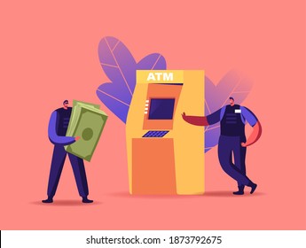 Tiny Armed Cash-in-transit Guard Characters Collecting Money from Huge Atm in Bank. Guardians Wearing Uniform and Bulletproof Vest, Convoy Work Transportation Money. Cartoon People Vector Illustration