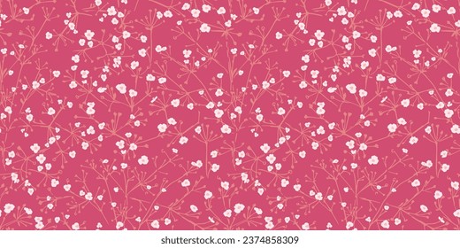 Tiny artistic flowers with branches intertwined in a seamless pattern. Gently, feminine, artistic, simple flowers pink print.  Vector hand drawn. Template for design, textile, fashion, fabric