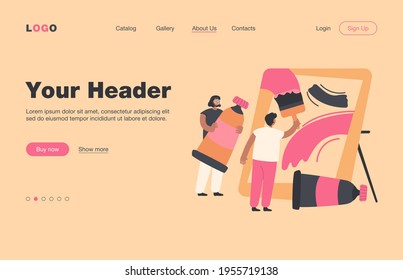 Tiny artists creating artwork together flat vector illustration. Positive cartoon characters painting or drawing on canvas with paintbrush. Art community and workshop concept