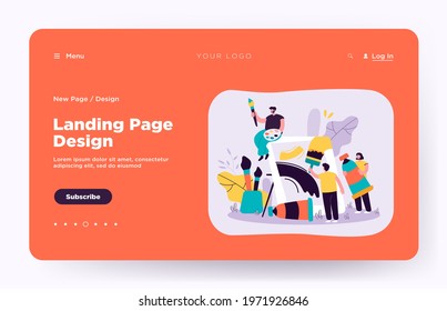 Tiny artists creating artwork together flat vector illustration. Positive cartoon characters painting or drawing on canvas with paintbrush. Art community and workshop concept