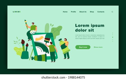 Tiny artists creating artwork together flat vector illustration. Positive cartoon characters painting or drawing on canvas with paintbrush. Art community and workshop concept