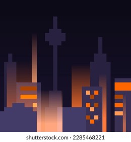 Pequeña obra de arte de Cityscape en noche con luces, Pixelado 