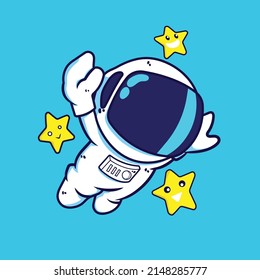 tiny astronaut flying with cute small star. vector illustration cute charator.