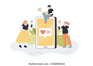 Tiny audience of followers sending likes to viral content. Male and female characters with big phone flat vector illustration. Loyalty, community concept for banner, website design or landing web page