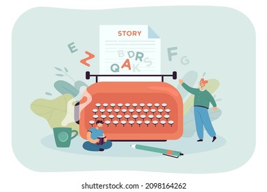 Tiny Author Writing Story On Huge Typewriter. Creative Character Writing Chapter Of Novel, Man Reading Book Flat Vector Illustration. Literature, Poetry, Imagination Concept For Banner, Website Design
