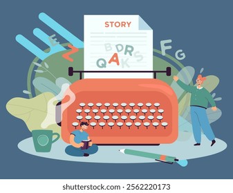 Tiny author writing story on huge typewriter. Creative character writing chapter of novel, man reading book flat vector illustration. Literature, poetry, imagination concept for banner, website design