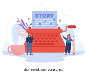 Tiny authors creating literature with vintage typewriter. Process of writing creative novels, chapter of story and poetry by people flat vector illustration. Imagination, storytelling concept