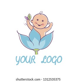 Tiny babe sits in a flower. Newborn boy logo. Vector illustration