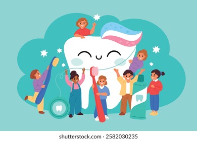 Tiny babies around big tooth. Funny kids learning take oral care. Caries cavity prevention. Hygiene education. Girls and boys with toothbrushes. Cleaning toothpaste