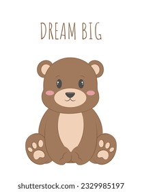 Tiny baby bear sitting. Illustration for little babies. Covers, posters, prints. First introduction to animals. Vector isolated on white background