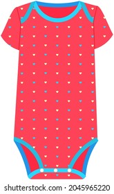 Tiny baby bodysuit or infant onesie with short sleeves and heart print. Red casual baby sleep clothing, object of kid wardrobe. Clothes for child, bodysuit with fastener between legs for kid