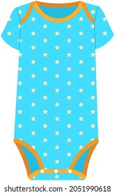 Tiny baby bodysuit or infant onesie with short sleeves and star print. Blue casual baby clothing or sleep cloth, object of kid wardrobe. Clothes for child, bodysuit with fastener between legs