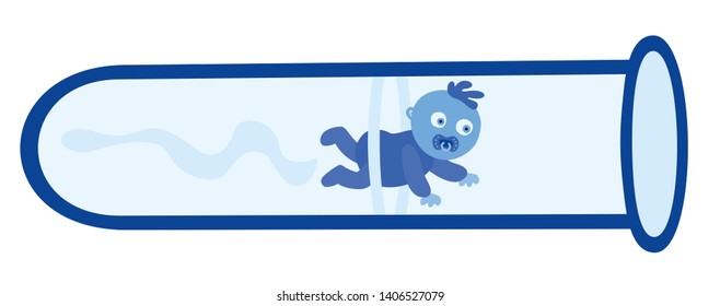 Tiny baby boy in a vial on white. Little blue crawling toddler in a Tube with IVF- In Vitro fertilisation medical process. Human Genome laboratory research. Biotechnology therapy. Vector Illustration.