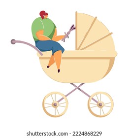 Tiny babysitter looking after baby. Cartoon female character with toy, newborn kid in carriage flat vector illustration. Babysitting, family concept for banner, website design or landing web page