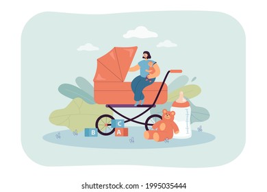 Tiny babysitter sitting on buggy and holding child. Newborn baby nursery, female helping mother flat vector illustration. Family, babysitting concept for banner, website design or landing web page