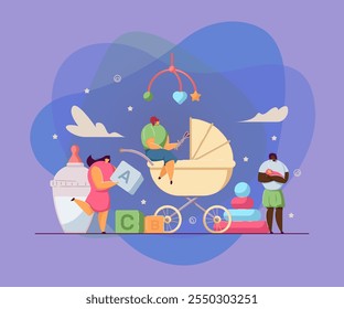 Tiny babysitters or mothers looking after babies. Cartoon female characters with toys, newborn kids flat vector illustration. Babysitting, family concept for banner, website design or landing web page