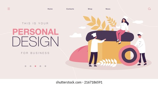 Tiny bakers with baked bread and bagel. People in pastry chef uniform and cap flat vector illustration. Bakery, baking and food production concept for banner, website design or landing web page