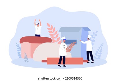 Tiny bakers making bread dough from wheat flour. People in chef uniform working with rolling pin and grain flat vector illustration. Bakery concept for banner, website design or landing web page