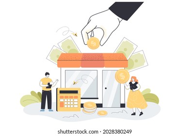 Tiny bankrupt business people getting subsidy from government. Financial help, grant from business partners flat vector illustration. Government support, assistance concept for banner, website design
