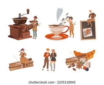 Pequeños baristas preparando café. Gente bebiendo capuchino, lata, espresso conjunto ilustración vectorial