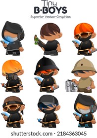 Tiny Bboys. A collection of masterfully drawn mascot characters with an urban street graffiti vibe. ..Teen glued to their smartphone, skateboard character, safari mascot, graffiti tagger mascot svg